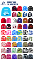 Bajo MOQ Fabricantes de gorros personalizados All Over Print Jacquard Y2K Gothic No Cuff Fold Cuffless Winter Skull Cap Knit Hat With Logo