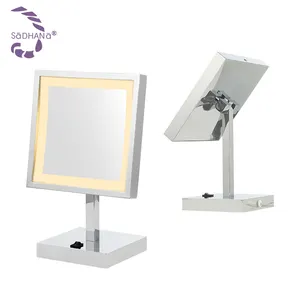 High Quality HD Magnifying Glass Surface Square Shape Stainless Steel Table Single Side Make Up LED Mirror