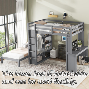 Thiết kế hiện đại rắn gỗ full xl/Full-Twin chuyển đổi Loft giường tầng với bàn tủ quần áo lưu trữ & có thể tháo rời thấp hơn giường (Gery) - Product Image 3