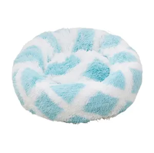 Luxury Cheap New Removable Blue Plush Nest Round Cushion Donut Pet Warming Faux Fur Soft Fluffy Bed For Dog Cat