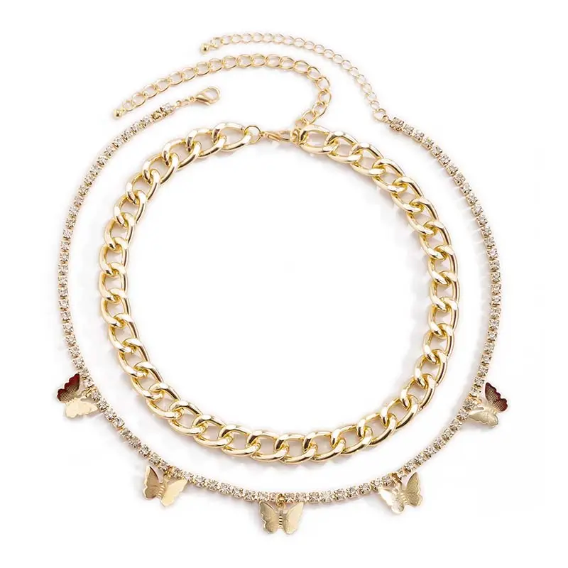 Punk Gold Plated Bling สร้อยคอคริสตัลผีเสื้อเพชรจี้สร้อยคอผีเสื้อ Cuban Link สร้อยคอชุด