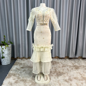 ชุดเดรสทรงหางปลาประดับเพชรแบบสลิมคอวีแขนพองสไตล์แอฟริกันสำหรับผู้หญิง - Product Image 4