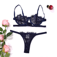 Ensemble de lingerie sexy en dentelle noire ultra-fine pour femmes, soutien-gorge et culotte transparents, tenues intimes, sous-vêtements