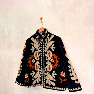 Hand Embroidered Black <b>Velvet</b> Suzani <b>Jacket</b> With Floral Pattern Full Sleeve Stand Collar Bohemian <b>Women's</b> Soft Winter Coat - Product Image 1