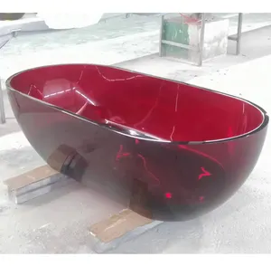 Red color polyester clear bathtub, pure resin cast soaking bath tub, crystal clear resin tub transparent solid surface bath