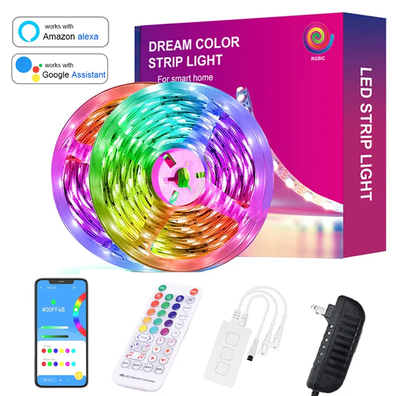 Custom Chasing Effect RGBIC Dream Color 12V 5m 10m Magic Rainbow Music Sync 5050 RGB IC Smart Dreamcolor LED Strip Lights Kit