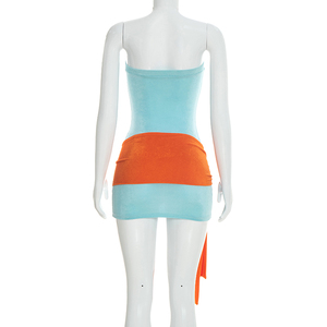 Viviblook Y26DS038 Women Spring Summer New Strapless Off Shoulder Color Blocking Ribbon Bodycon <b>Mini</b> Party Dress - Product Image 5