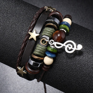 Bracelet réglable tendance en cuir avec perles en bois motif note de musique, design de niche, style bohème <span class=keywords><strong>hippie</strong></span>, bracelet vintage superposé en corde - Product Image 5