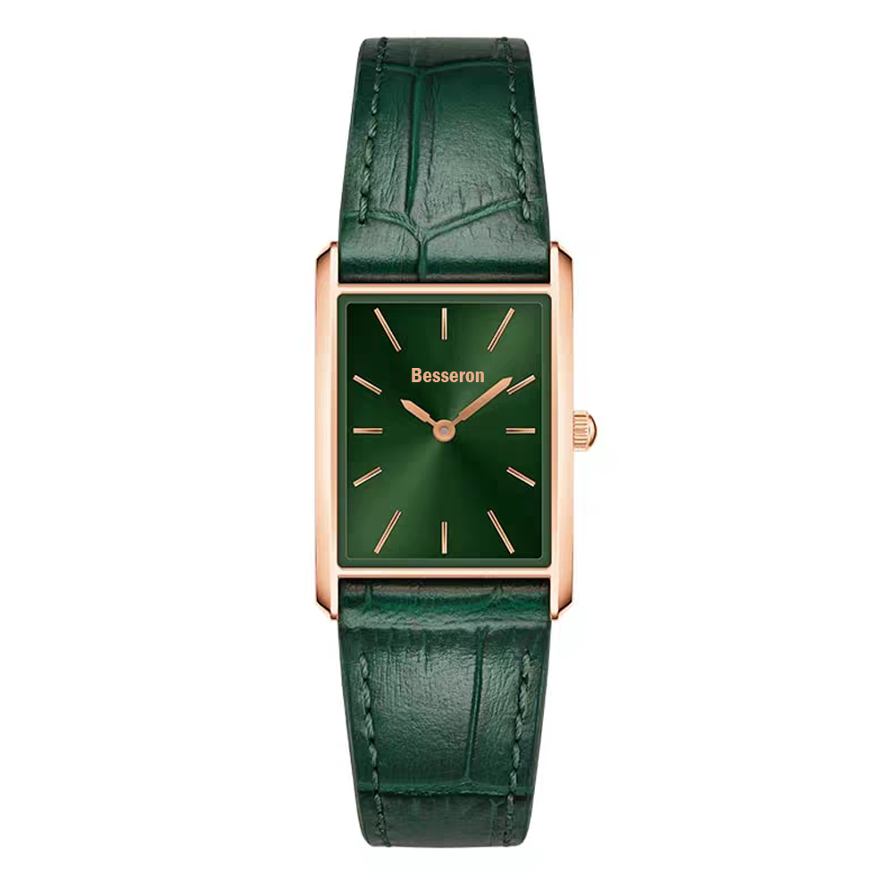 green leather square watch