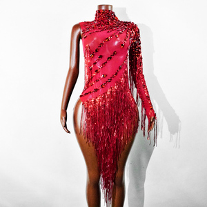 Body Sexy Rojo con Lentejuelas y Flecos, de Una Manga Asimétrica, para Espectáculos de Burlesque, Salsa, Flamenco, Tango, Disfraz de Diva - Product Image 2