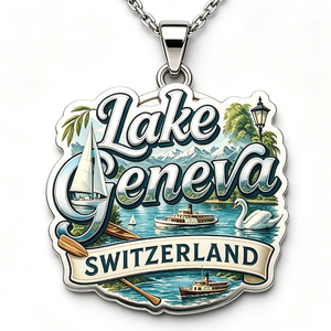 Pendentif souvenir du lac Genève, Suisse, en alliage de zinc plaqué argent, émail dur, forme irrégulière, impression numérique, artisanat métallique - Product Image 2