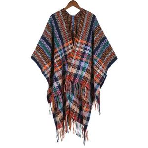 NOUVEAU 2025 Cape Poncho Châle pour Femme en Acrylique Tricoté Style Chinois Rétro <span class=keywords><strong>Ethnique</strong></span>, à Franges, Chaud, Motif Carreaux, pour l'Hiver et les Voyages - Product Image 3