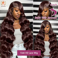 Perruque longue ondulée en cheveux humains vierges, couleur marron chocolat, avec dentelle frontale HD transparente, pour la vente en gros aux boutiques de coiffure européennes