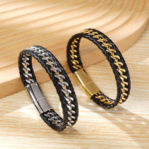 <span class=keywords><strong>Bracciale</strong></span> da Uomo in Pelle Intrecciata Multistrato con Catena Nera di Lusso in Acciaio Inossidabile - Product Image 1