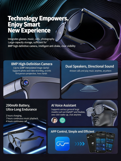 MK260116 Glasses Camera 800W Pixels Anti Shake Take Photo Video Recognition Real Time Translation with ChatGPT Doubao