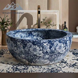 Lavabo rond en céramique Wayon, style chinoiserie traditionnel, bleu et blanc, <span class=keywords><strong>à</strong></span> motifs floraux, pour salles <span class=keywords><strong>de</strong></span> bain modulaires <span class=keywords><strong>de</strong></span> luxe - Product Image 6