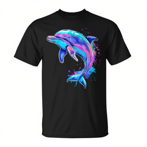 T-shirt unisexe noir à col rond et manches courtes avec impression numérique de dauphin en aquarelle, animal marin, promotionnel - Product Image 2