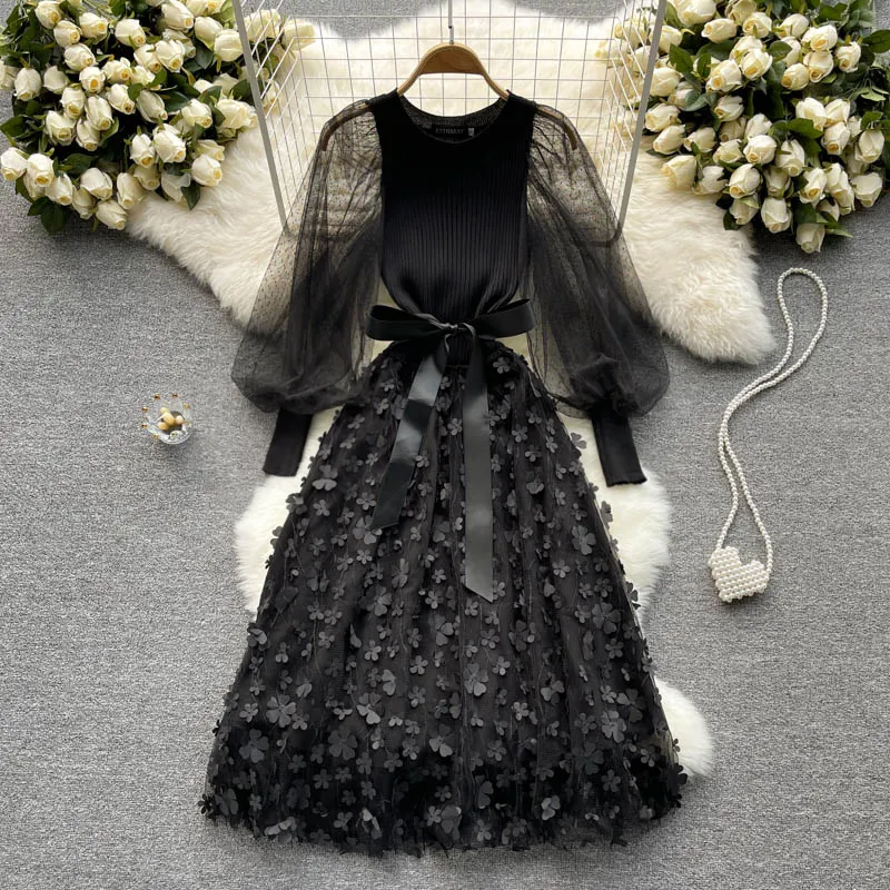 New Trendy Autumn Palace Style Knitted Dress Elegant Stitching Appliques Flower Mesh Ball Gown Bow Belt Puff Sleeve Dress