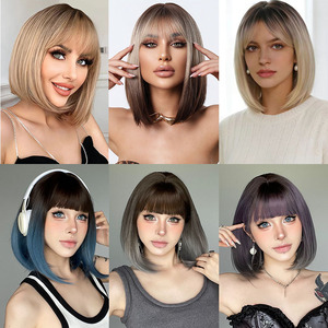 Perruque Courte Droite Bob <span class=keywords><strong>avec</strong></span> <span class=keywords><strong>Frange</strong></span> Soignée, <span class=keywords><strong>Cheveux</strong></span> Synthétiques Ombrés Dégradés, Sans Lacet, pour Femmes Européennes et Américaines - Product Image 4