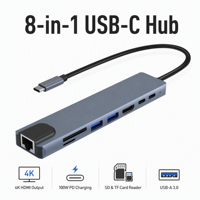 Hub USB-C 8-en-1 en alliage d'aluminium gris OEM ODM avec prise en charge USB 2.1/2.0, USB 3.0/2.0, charge PD et lecteur de carte SD - En stock