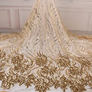 2020 Hoge Kwaliteit Afrikaanse Pailletten Kant Stof Golden Netto Borduurwerk Tule Kant Stof Voor Nigeriaanse Wedding Party Dress