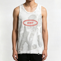 Débardeur côtelé blanc vintage 2026, coupe lourde, effet usé avec trous, délavé soleil, style streetwear, 280 g/m², t-shirt d'été classique
