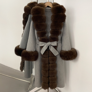 Foftbuy cappotto di lana 100% in <span class=keywords><strong>pelliccia</strong></span> di volpe grande lungo, nuovo abbigliamento autunno inverno, cintura da donna, giacca di lana con collo di <span class=keywords><strong>pelliccia</strong></span> naturale - Product Image 1