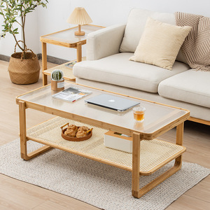 Nordic Minimalist Coffee <b>Table</b> Tempered <b>Glass</b> Double Layer Rattan For Small Apartments Living Room Furniture - Product Image 1