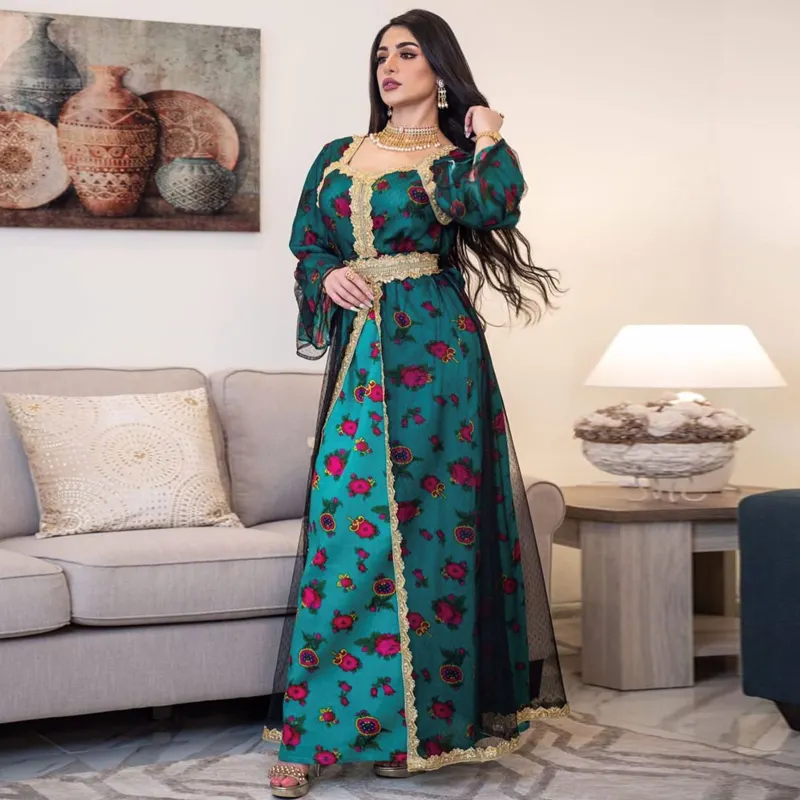 Gold Thread Embroidered Abaya Dress for Women Eid Mubarak Middle East Dubai Turkish Moroccan Kaftan Party Evening Robes