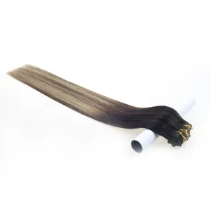 Commercio all'ingrosso di Remy Del Virgin Ombre Marrone Cioccolato a Honey Blonde Balayage Clip in Estensioni Dei Capelli di Colore #1b/4/27 Peso 120g 6 Trame