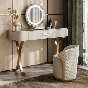 Tocador de mármol de diseño europeo con espejo dorado, pata de acero inoxidable, pequeño maquillaje y taburete, muebles de dormitorio - Product Image 6
