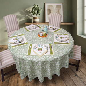 Classic Floral Block Printed Handmade Eco-Friendly <b>Tablecloth</b> Cotton Washable Home Dining Cover Green <b>White</b> Pastoral Style - Product Image 3