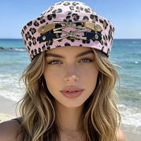 Sombrero de Marinero Rosa con Estampado de Leopardo al por Mayor, Gorras y Sombreros con Doble Hebilla Metálica y Logotipo Personalizado, Estilo Y2K Punk para Fiestas de Halloween