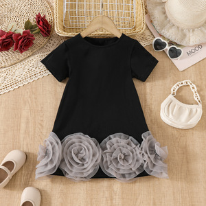 Nuevo Vestido de Princesa de Verano para Niñas, Elegante, de Color Sólido, Manga Corta, con Flores Tridimensionales, Tallas Pequeñas y Medianas - Product Image 2