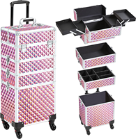 Valise de maquillage professionnelle en aluminium résistante à l'eau, avec roulettes, fermeture éclair à motif fileté, poignée souple, pliable