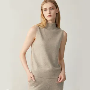 Elegante sexy 100% Chaleco de Cachemira suéter de lana sin mangas de punto de Cuello medio alto para mujer
