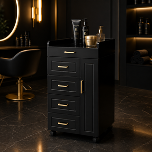<span class=keywords><strong>Chariot</strong></span> de Salon de Coiffure en Bois à 4 Roues avec Tiroirs Multiples et Accents Dorés pour Salon de Beauté Professionnel et Espace de Travail pour Extensions de Cils - Product Image 1