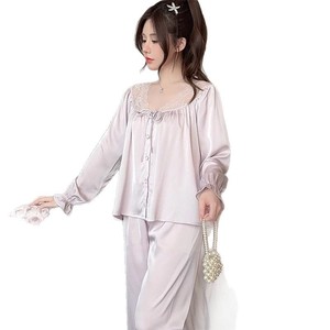 Pigiama in raso traspirante in tinta unita in seta di ghiaccio stile <span class=keywords><strong>palazzo</strong></span> donna primavera autunno nuovo Cardigan <span class=keywords><strong>pantaloni</strong></span> lunghi <span class=keywords><strong>a</strong></span> maniche lunghe estivo - Product Image 5