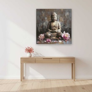 Statua di Buddha con fiore di loto, quadro su tela, dipinto a olio floreale zen religioso per l'arredamento del soggiorno - Product Image 2