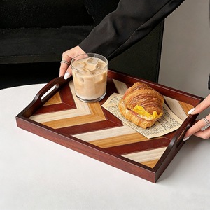 American Style Spliced Wooden <b>Tray</b> Solid Wood Stripe Pattern Serving <b>Tray</b> For Coffee <b>Tea</b> Hotel Dining Home Use - Product Image 1