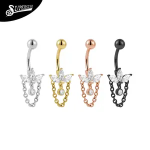 Custom fashion sexy navel body piercing jewelry flower style zircon pendant chain externally threaded belly button ring