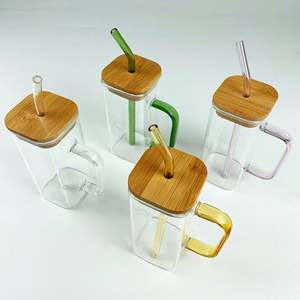 13.5 औंस पानी का कप बांस साफ माजर जार 16 औंस हैंडल ढक्कन से उच्च बोरोसिलिकेट ग्लास वर्ग ग्लास मग - Product Image 3