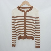 Pull cardigan tricoté personnalisé pour femme, col rond, manches longues côtelées, rayures noires et blanches, collection automne, fabrication OEM