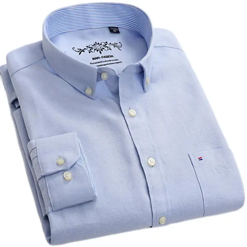 2022 novo design oem moda algodão manga comprida casual liso poliéster oxford tecido de um bolso logotipo camisas masculinas