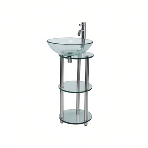Tempered Glass Wash Basin 48x48cm Round Chrome Finish Above Counter Mounted Bathroom Sink Stainless Steel Stand - Product Image 1