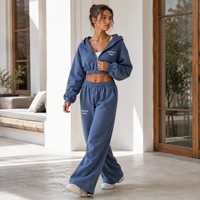 Conjunto de Dos Piezas de Marca Privada para Mujer: Sudadera Corta con Cremallera de Algodón y Felpa Azul Vaquero y Pantalones Deportivos de Pierna Ancha con Cordón