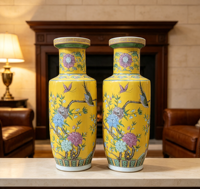 Grand vase décoratif en céramique de style chinoiserie pour la décoration de hall d'hôtel ou de villa, style antique, paire de vases rouleaux en porcelaine jaune chinoise