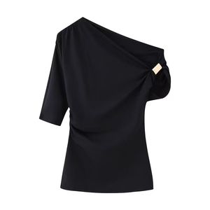 Chemise décontractée d'été vintage pour femmes - Manches courtes simples, coupe ajustée, asymétrique, respirante, séchage rapide, polyester uni - Product Image 3