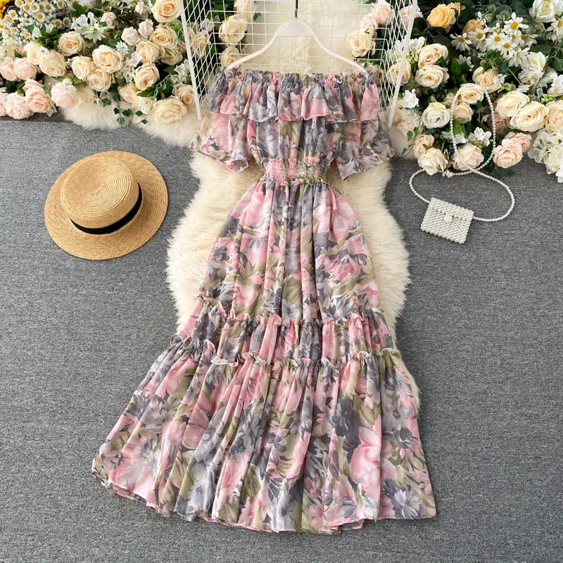 2022 Popularity Summer Sexy One Line Neck Strapless Holiday Dress Ruffled Long Chiffon Floral Dress