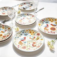 Assiette en céramique de porcelaine ronde à motif floral d'oiseaux, vaisselle multicolore pour la salle à manger à domicile